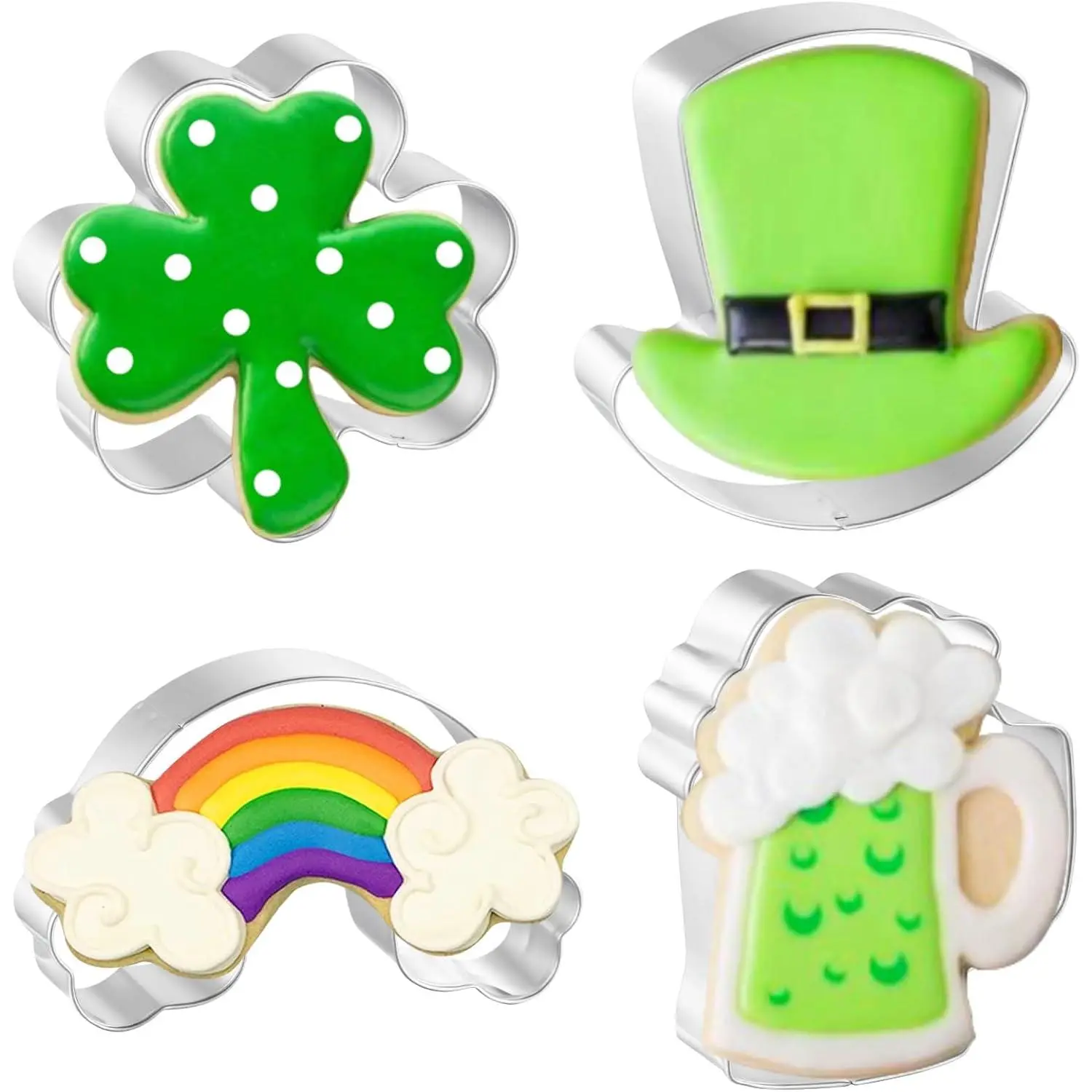 Shamrock Cookie Cutters 4 PCS  3'' 3.5'' 4'' with Rainbow Beer Mug Top Hat for Irish St.Patrick's Day