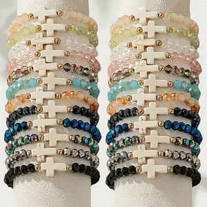 24Pcs Vibrant Artificial Crystal Beaded Bracelets Set Bohemian Stackable Elastic Bracelet with Natural Turquoise Cross Shiny Geometry Handmade Beads Bracelet Daily Vacations, Party Wear, Jewelry, Holiday Gift Couple Accessories Adjustable Rate
