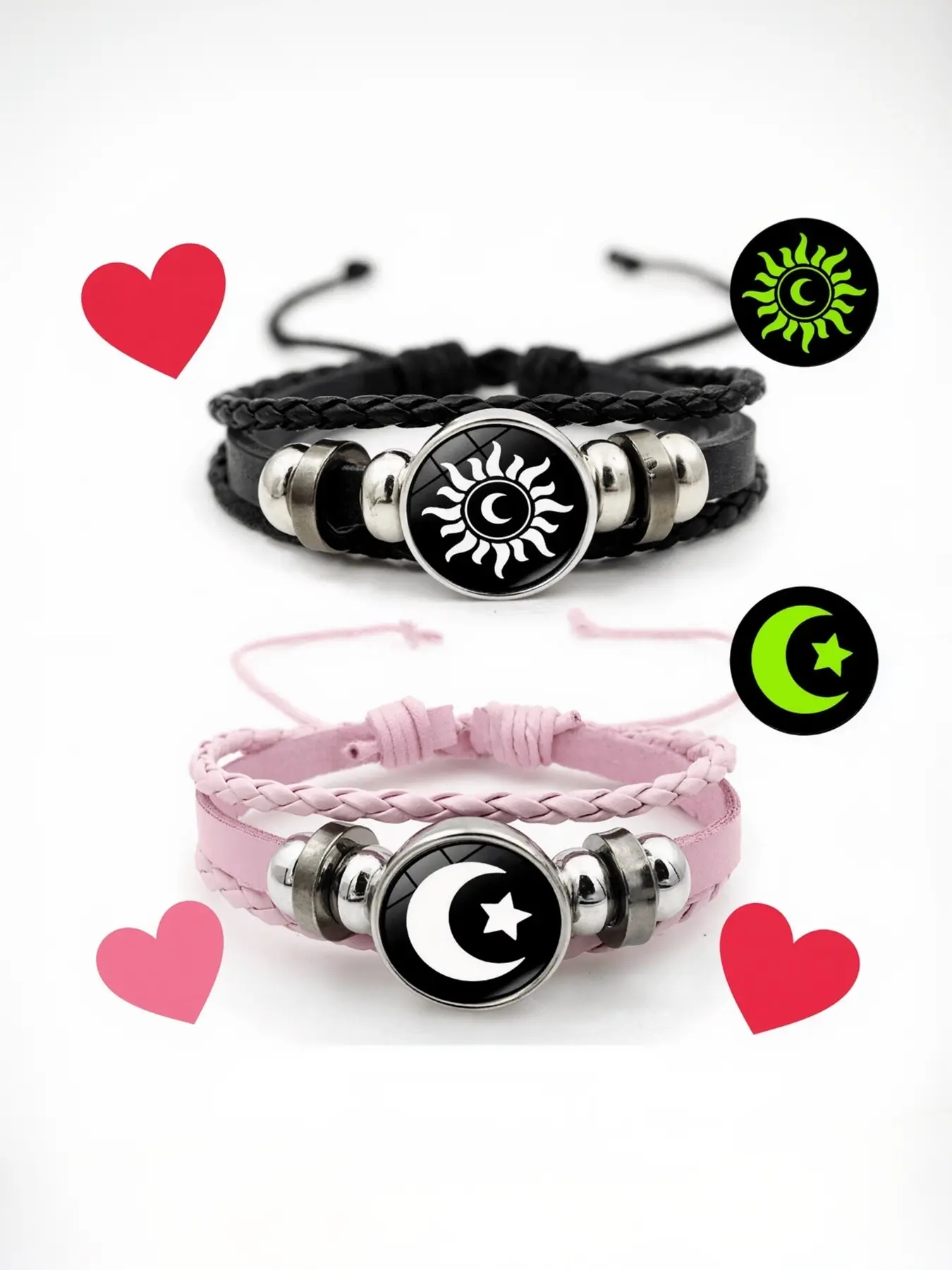 Glow-In-The-Dark Leather Couple Bracelet, Vintage Style Punk Braided Wristband, Unisex Fashion Accessory for All Seasons, Fashion Matching Bracelet, Fashionable Accessories, Bracelet Sets