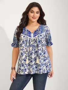 BloomChic Plus Size Lady's Garment Blouse, Smooth Rayon Fabric, Short Puff Shortsleeve, Regular Length, Neck-Lengthening, Tassels, Woven Ribbon & Lace Trim, Bohemian Vibe, Fit M-6X, 2026 Summer Mother's Day Pick (Plus Size Boho Floral Print Tops) Shirts