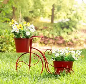 Glitzhome 21.5"L Farmhouse Metal Bicycle Planter Stands Flower Pot Cart - White