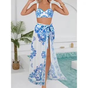 Women Floral Print Swimsuit 2 Piece Set Push Up Bikini Top with Matching Slit Maxi Skirt Cover Up Bathing Suit Summer Beachwear Pool Party Vacation Outfits Sexy