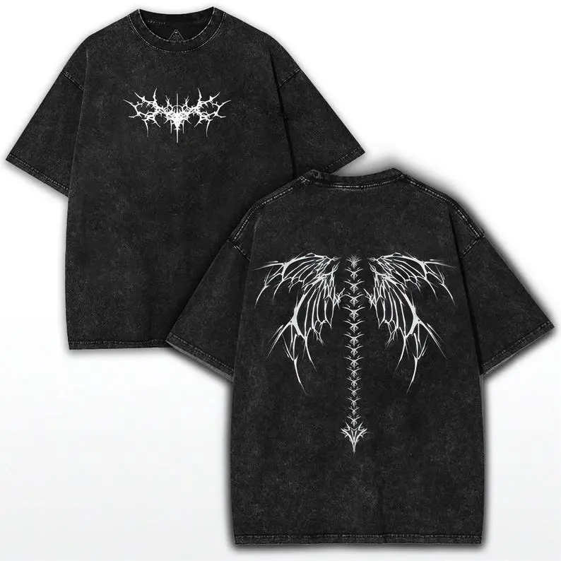 Y2K Gothic Angel Wing T-Shirt Washed Vintage Grunge Top with Unique Edgy Design for Casual Wear Streetwear Comfortable Bold Aesthetic