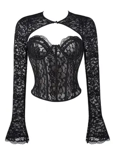 Y2K Gothic Lace Corset Top, Floral Pattern, Button Front, Long Sleeve Shawl Set, Party Wear, All Seasons, Sexy Waist Cinching