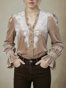 French Fashion Vintage Elegance Floral Velvet Lace Shirt, Deep V Neck Fitted Long Sleeve, Wooden Collar Stand-Up Collar, Women's Elegant Blouse Top
