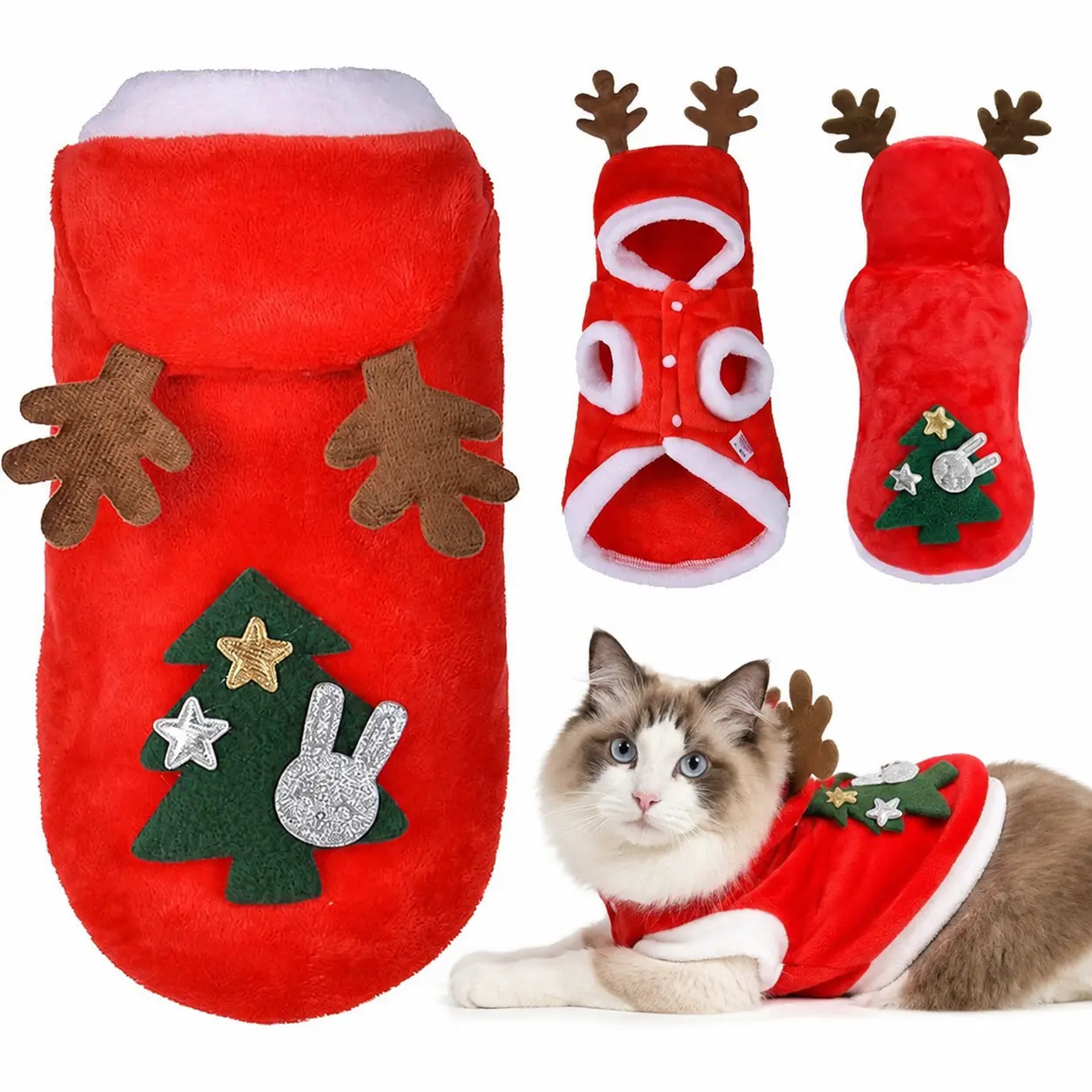 Christmas Reindeer Pet Costume, Red Santa Hoodie, Warm and Cute Holiday Pet Outfit, Winter Festive Party Wear for Small Dogs and Cats