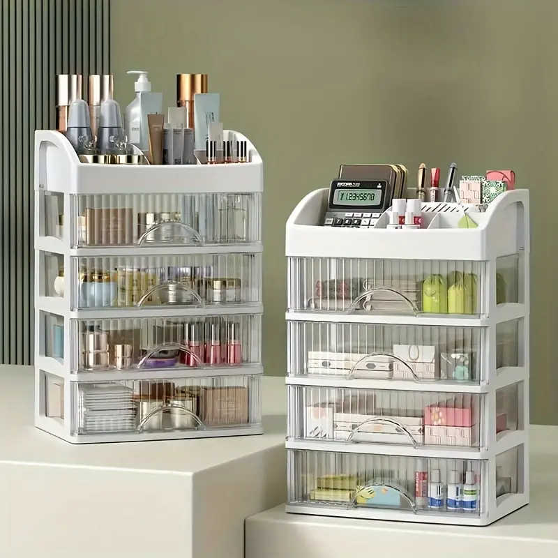Large White Cosmetic Storage Box - Spacious Countertop Storage with A Transparent Drawer for Storing Skincare Products, Brushes, Eyeshadows, Lotions, Lipsticks, Nail Polish - Durable Plastic, Perfect for Use on Vanity Tables, Makeup Organizer Box