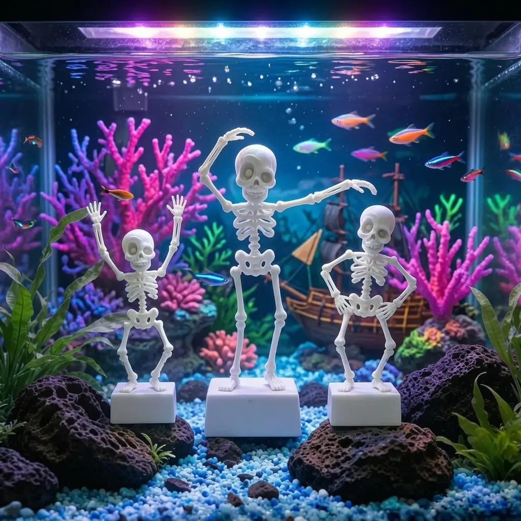 Air Driven Dancing Skeleton Aquarium Decor, Movable Joint Skull, Fun Bubble-Powered Fish Tank Ornament, Unique Halloween Gift
