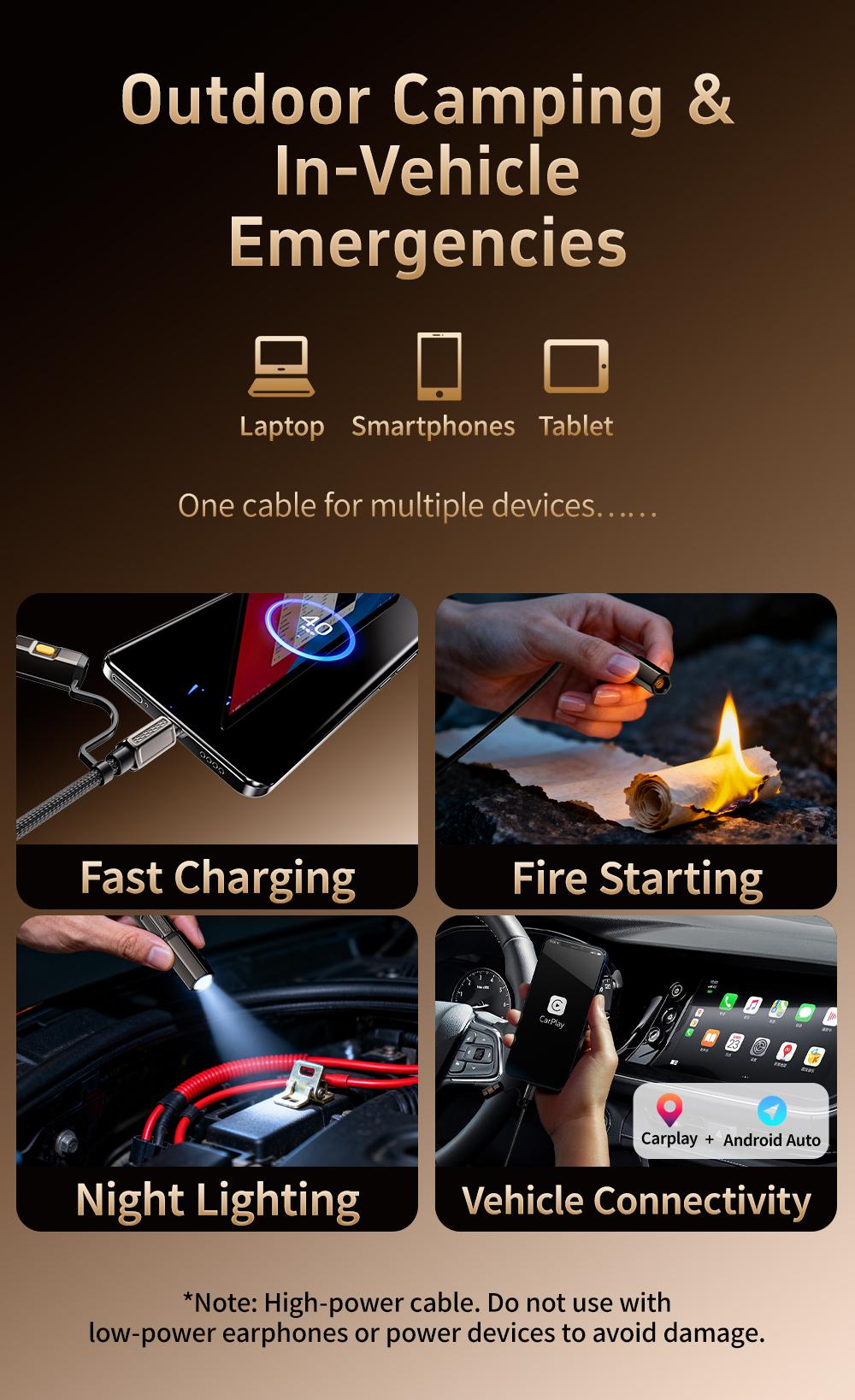 240W 4-in-1 Emergency Charging Cable with Flashlight – Car & Travel Survival Gear for iPhone & Android, Camping Essential