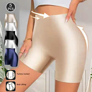 QUASTI 5 PCS High Waisted Seamless Flat Angle Shorts, Oiled Cloth Smooth Breathable Solid Color Hip Lifting Panties, Comfortable Skin Friendly Casual Slimming Briefs, No Show Full Coverage Minimalist Anti Roll Edge Underwear, S-XXL