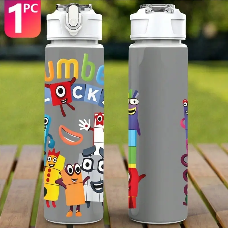 1 plastic cartoon building block printed water bottle with flip-top lid, suitable for Valentine's Day, Easter, Eid, birthdays and other occasions.