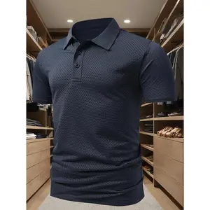 Men's Plain Textured Short Sleeve Polo Shirt, Casual Button Front Collared Top for Summer, Fashion Men's Clothes for Daily Wear
