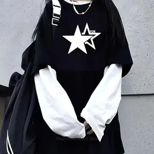 Women Star Y2K Print Graphic Fake Two Long Sleeved T-shirts Fashion Gothic Retro Casual Loose Fake Two Long Sleeved T Shirt