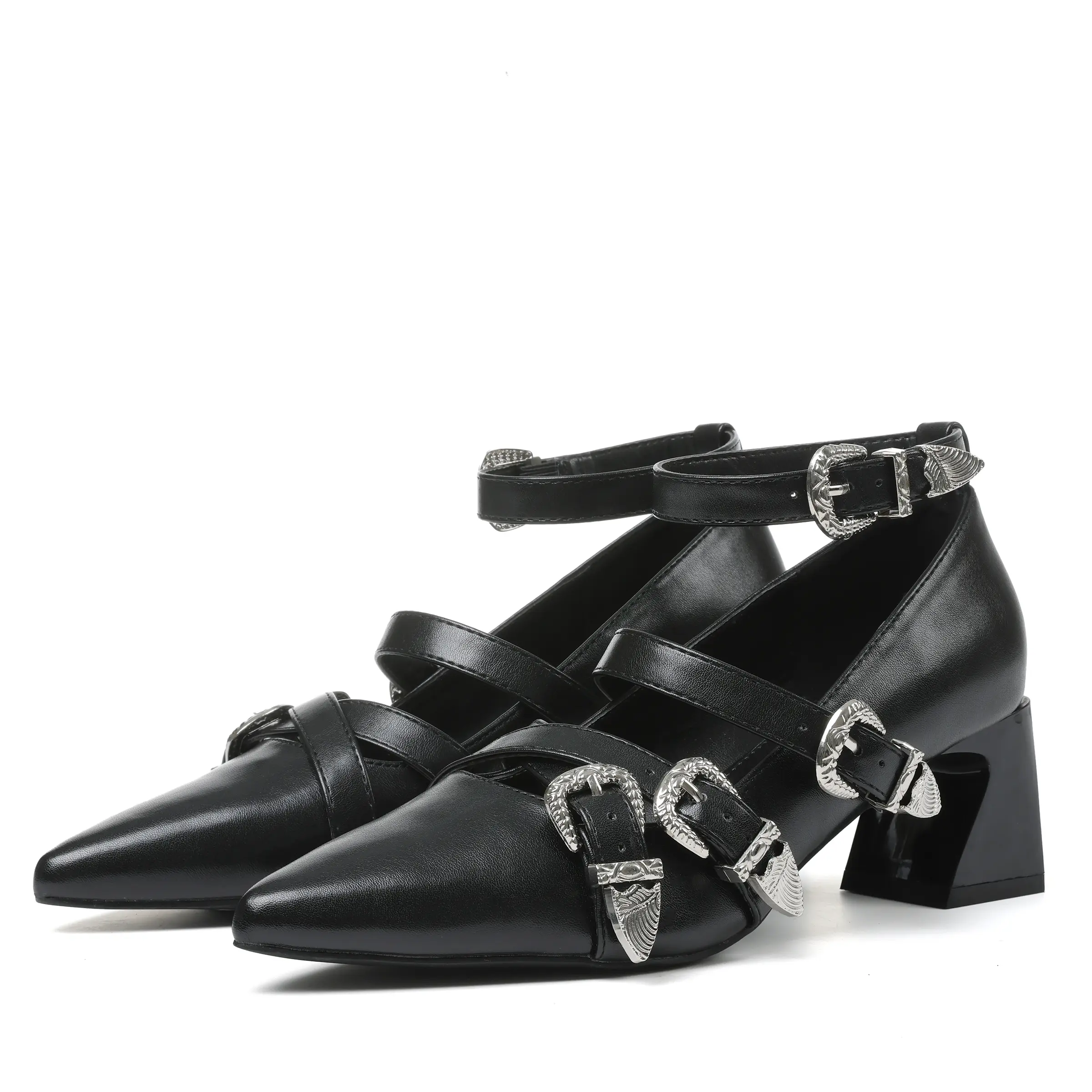 Women's Mary Jane Shoes - Clearance Sale, Multiple Buckles, Square Thick Heel, Pointed Toe, Ankle Strap, Comfortable Fashion Heels for Party & Goth Dress Occasions, Shoe
