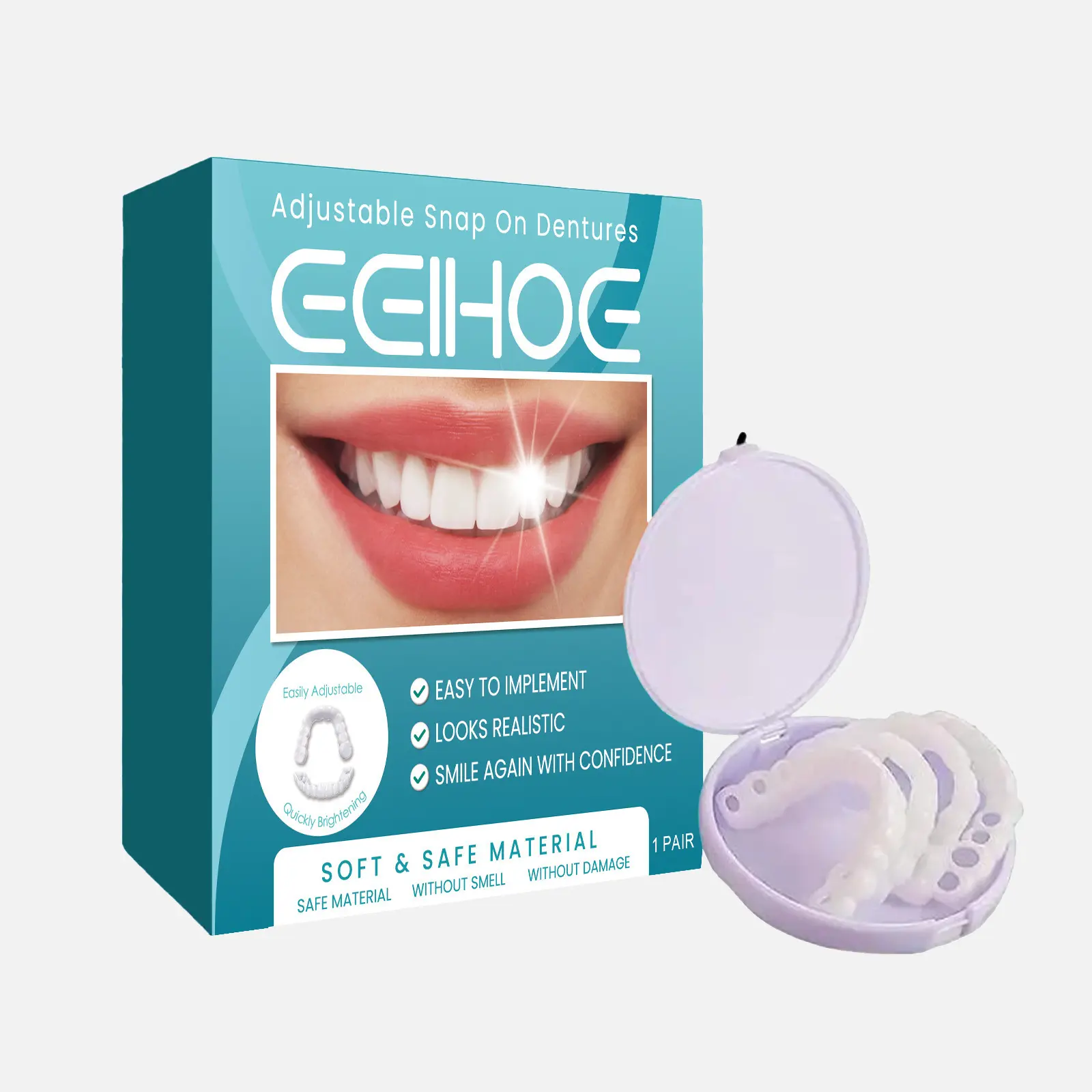 EEIHOE Adjustable Snap-On Oral Dentures Set (1 Pair) - Youth Sports Protective Gear, Realistic Look, Moldable Material, Unscented Safe Material, Comfortable Fit, Anti-Scratch Easy-Clean Dental Prosthesis with Case, Simple Use