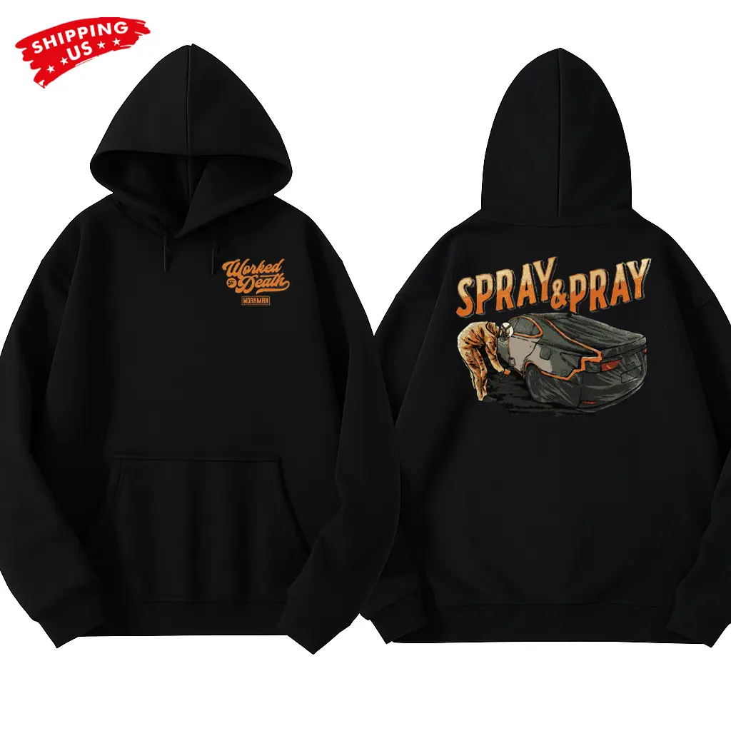 Spray & Pray Hoodie, Funny Auto Body Paint Graphic Hoodie, Workman Mechanic Humor Hoodie for Car Painters & Garage Workers, Gift for Body Shop Technicians