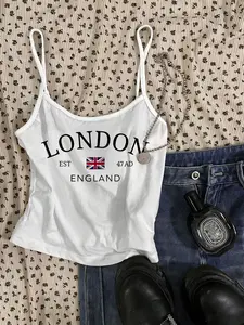 Women's London England Flag Print Thin Strap Lightweight Short Vest, Y2K Vintage Travel Pattern Tank Top, Trendy Casual Streetwear Shirt