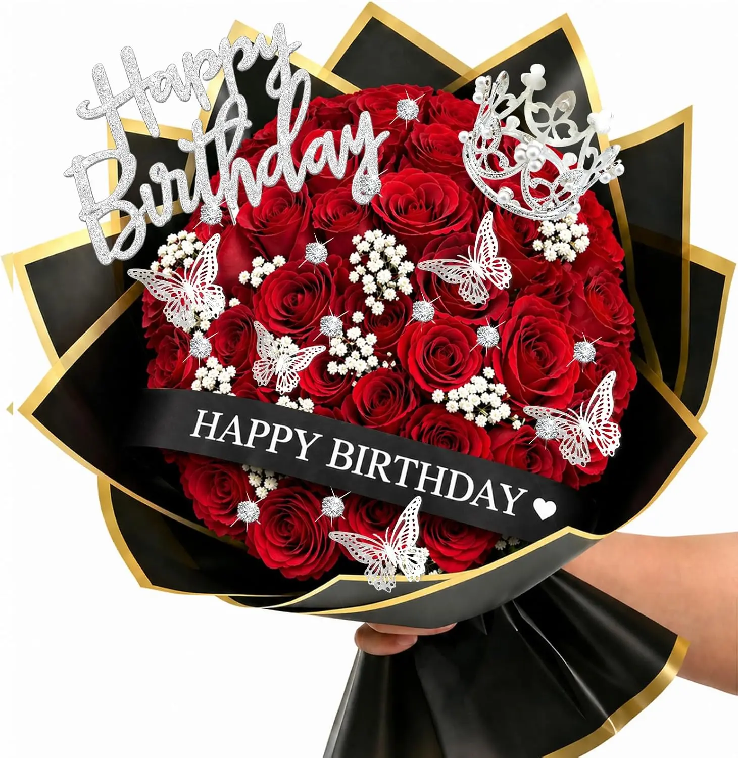 DIY Birthday Flower Bouquet Accessories Includes 2 Inch 10 Yards Glitter Happy Birthday Satin Ribbon, Bouquet Crown, Butterfly Decor and Rhinestone Flower Pins for Birthday Gifts (Happy Birthday)