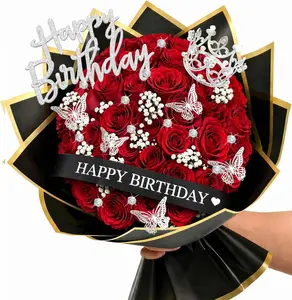 DIY Birthday Flower Bouquet Accessories Includes 2 Inch 10 Yards Glitter Happy Birthday Satin Ribbon, Bouquet Crown, Butterfly Decor and Rhinestone Flower Pins for Birthday Gifts (Happy Birthday)