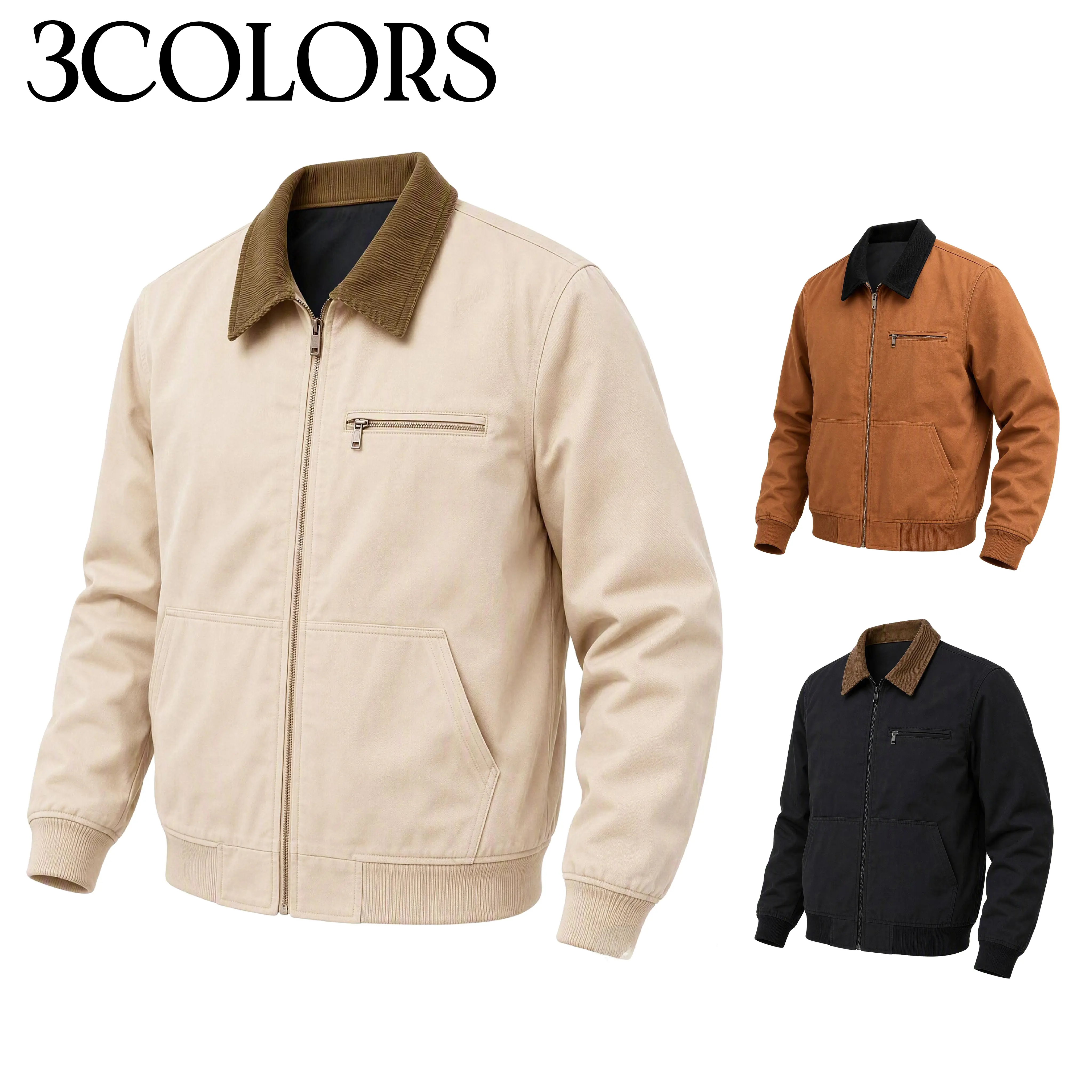 Men’s patchwork workwear jacket with a stand collar, retro workwear aesthetic, full zip front closure, multi-pocket design—an outerwear piece for outdoor outings.