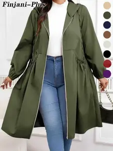 Plus Size Solid Drawstring Zip Up Hooded Coat, Casual Long Sleeve Pocket Outerwear for Fall & Winter, Women's Clothes for Daily Wear