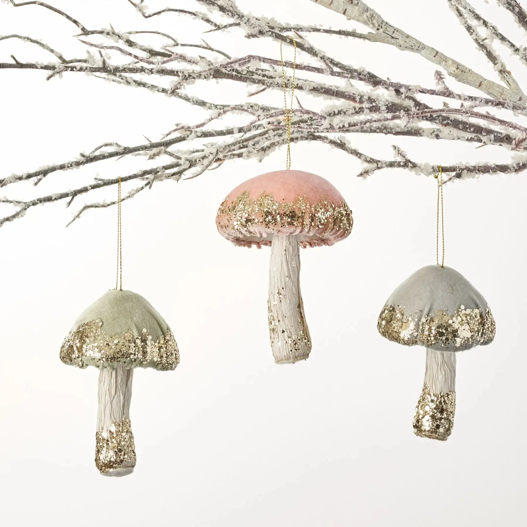 Whimsical 3-Piece Gray Mushroom Ornament Set - Styrofoam, Velvet & Gold Glitter Forest Toadstool, 4" w x 4.5" h Hanging Christmas Tree Decor, Indoor Home Festive Supplies Collectibles, Small