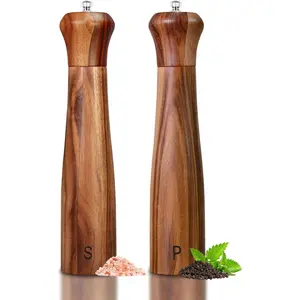 2 Pack 10 Inch Acacia Wooden Salt and Pepper Grinder Set Refillable Manual Salt Pepper Mills with Adjustable Coarseness Ceramic Stainless Steel Core Tableware Gifts