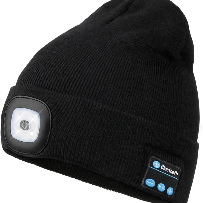 LED Beanie Cap Bluetooth Beanie with Light, Unisex USB Rechargeable 4 LED Headlight, warm balaclava Ultra-Soft Acrylic Blend, Suitable for All Seasons, Ideal for Men & Women, fashionable hat, stuffer gift outdoor hat