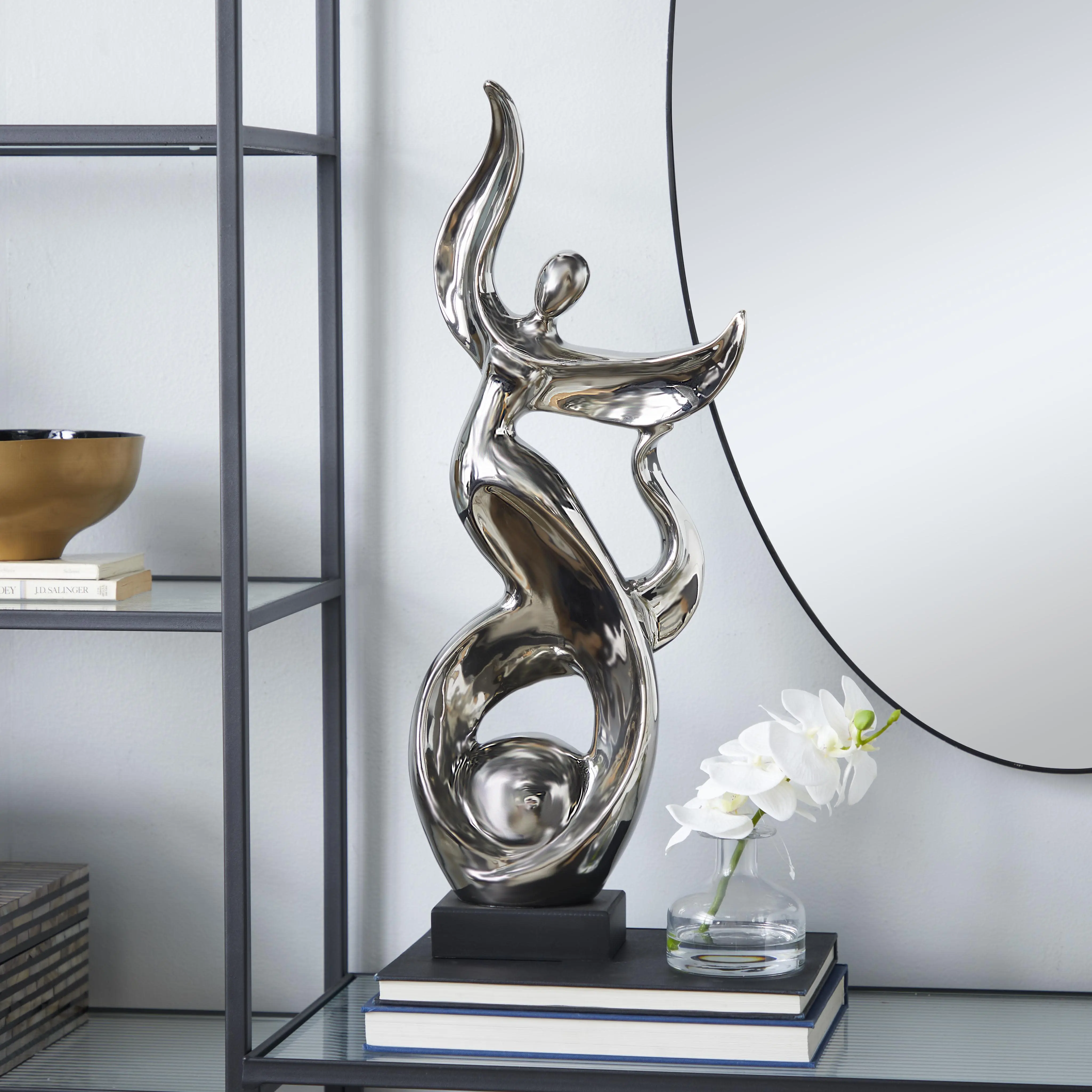 Silver Ceramic People Dancing Decorative Sculpture, 10" x 5" x 25"