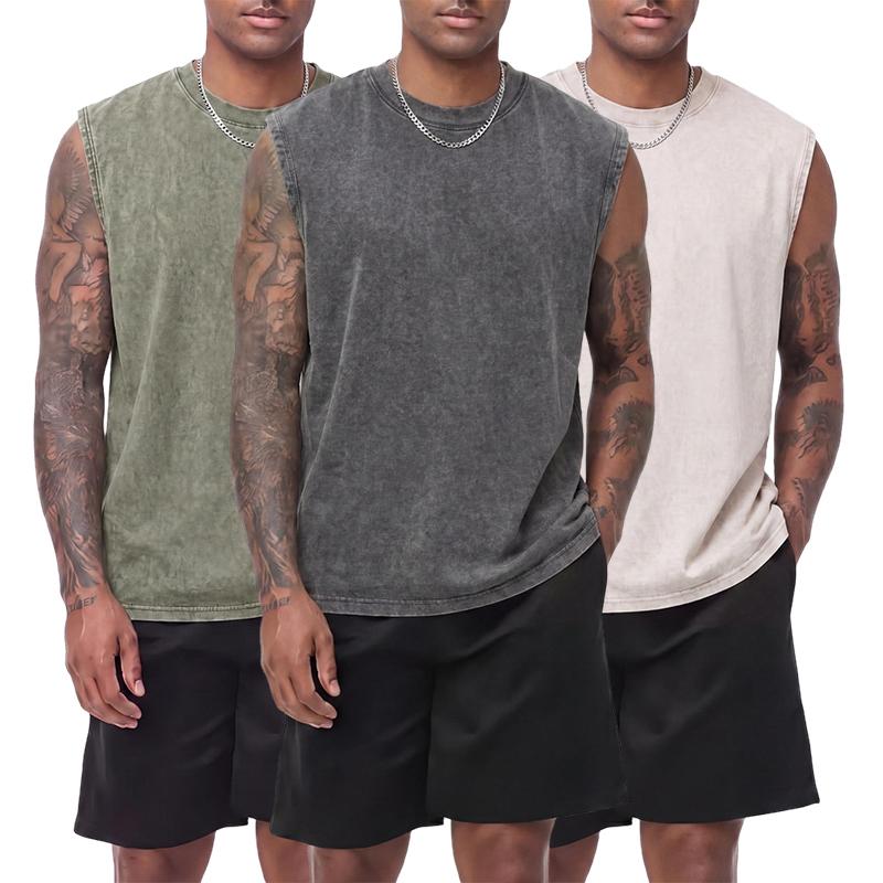 3-pack vintage textured pure cotton sleeveless T-shirts with a distressed wash; crew neck, wide shoulders; casual athletic base layer tank tops for sports, leisure, fitness, running, and basketball.