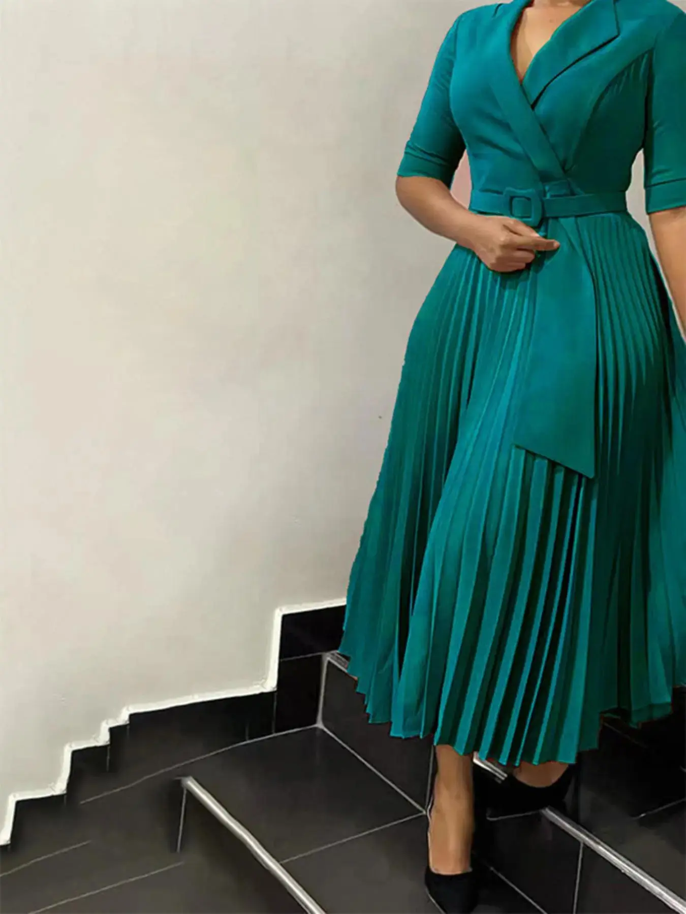 Women's Plain Pleated Belted A Line Dress Professional Style, Elegant 3/4 Sleeve Lapel Neck Zipper Back Long for Work Office Business, Ladies Clothes for All Seasons Formal Wear, Solid Color, Everyday Essential