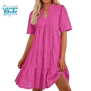 Ocean Style 2026 Women's Boho Summer Dresses  Resort V Neck Short Sleeve Hollow Out Lace Ruffle Casual Beach Mini Vacation Dress #   Outdoor fun