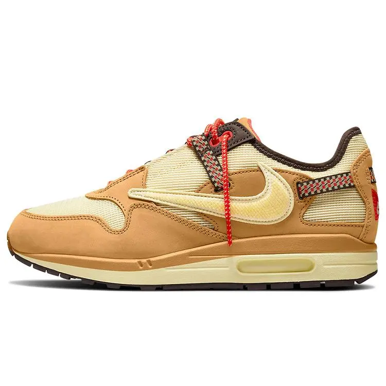 Men's Nike Air Max 1 Travis Scott Cactus Jack Casual Round Toe Trainers - Wheat Lemon Drop Colorway, All Seasons, Style Code DO9392-701