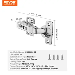 VEVOR Cabinet Hinges, 60 Packs Full Overlay Kitchen Cabinet Door Hinges, 100 Degree Opening Angel Soft Close Concealed Cupboard Hinges for Frameless Cabinet Type, with Mounting Screws