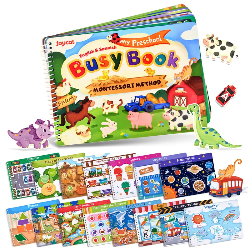 JoyCat Bilingual Montessori Busy Book for Toddlers 3-5, 15 Themes English and Spanish Learning Activities, Bilingual Preschool Workbook, Autism Sensory Toys, Travel Quiet Book Gifts, Birthdays Presents for Boys Girls