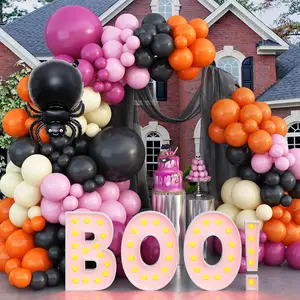 Halloween Balloons Garland Kit, Black Orange Pink Halloween Balloons Arch Kit With Pastel Yellow Balloon Spider Ghost Bat Foil Balloons,Latex Balloons For Halloween Theme Party Supplies Decorations