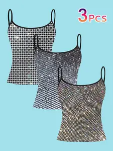 3-Piece Set Rhinestone Strapless Top, Sparkling Bling Starry Thin Shoulder Tee, Luxury Party Stage Style Sleeveless T-Shirt for Women