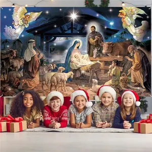 Christmas Decoration Religious Backdrop Holy Nativity Photography Background for Winter Xmas Outdoor Indoor Church Medieval Party Supplies, 73 x 43 In, Festive Nativity Scene, Angels Sheep and Starry Night Sky for Holiday Parties Photography Home Decor