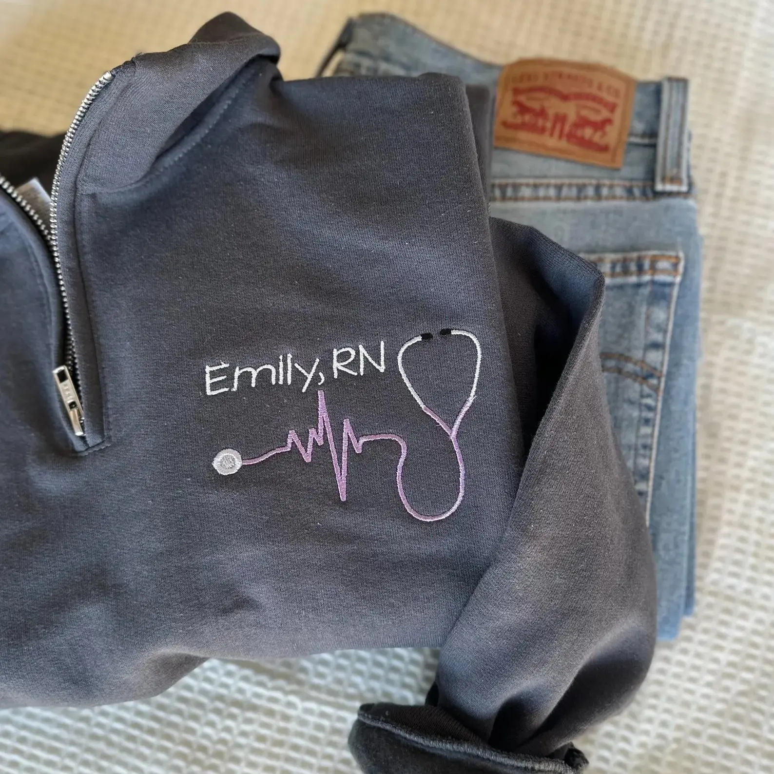 [Made in US] Customized Embroidered Nurse Quarter Zip, Personalized RN LVN CNA Sweater, Cardiac Nurse Sweater, Stethoscope Design, New Grad Gift