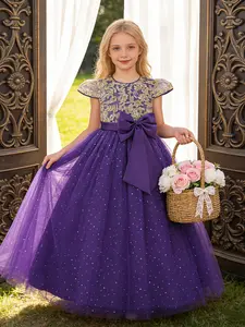 Girl's Ditsy Floral Print Bow Decor Mesh Sweater Tank Dress Elegant Sleeveless Round Neck A Line Dress for Party Wedding Guest Kids Summer Clothes