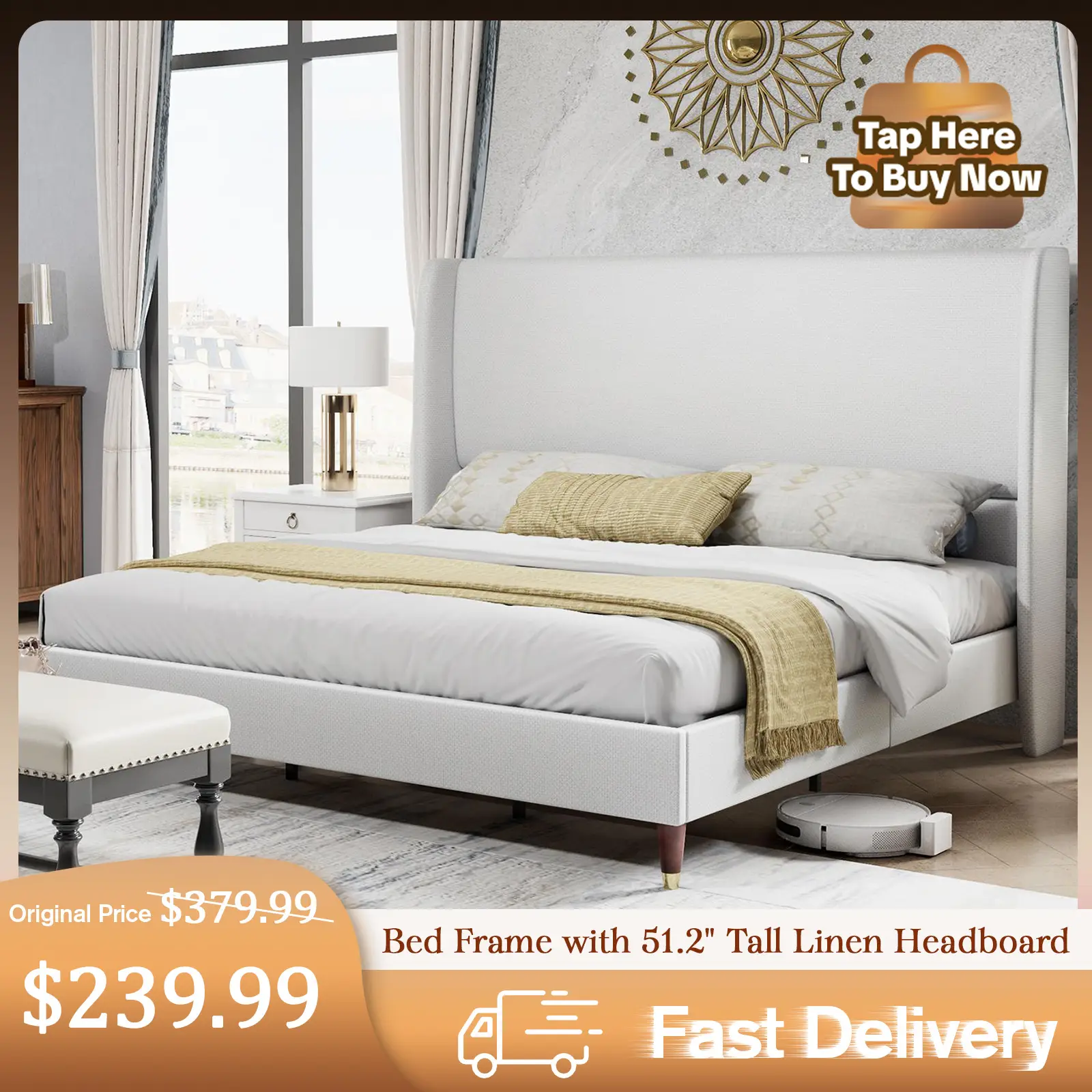 [Restock Sale] AMERLIFE Platform Bed Frame with 51.2" Tall Linen Headboard, Upholstered Bed with Wingback/Solid Wood Legs/Durability& Silent /No Box S