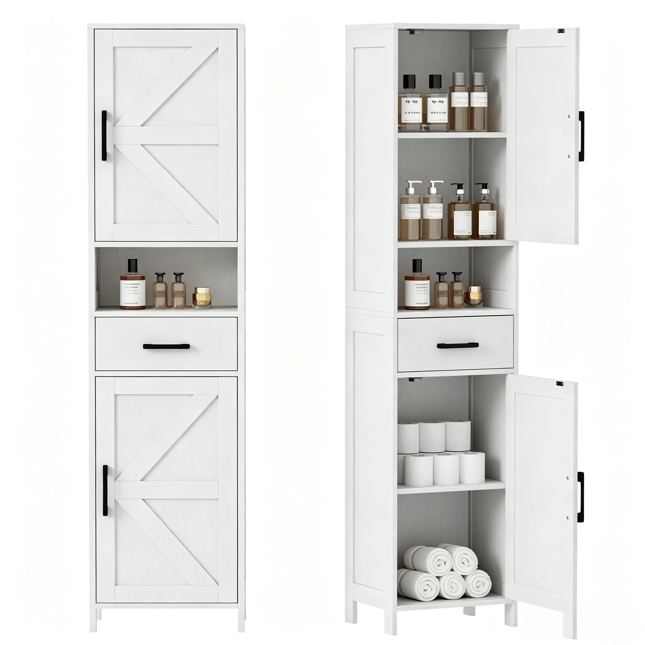 67" Tall Narrow Bathroom Storage Cabinet with 2 Barn Doors & Drawer Adjustable Shelves Anti-Tipping Waterproof Floor Cabinet for Bathroom Living Room Entryway