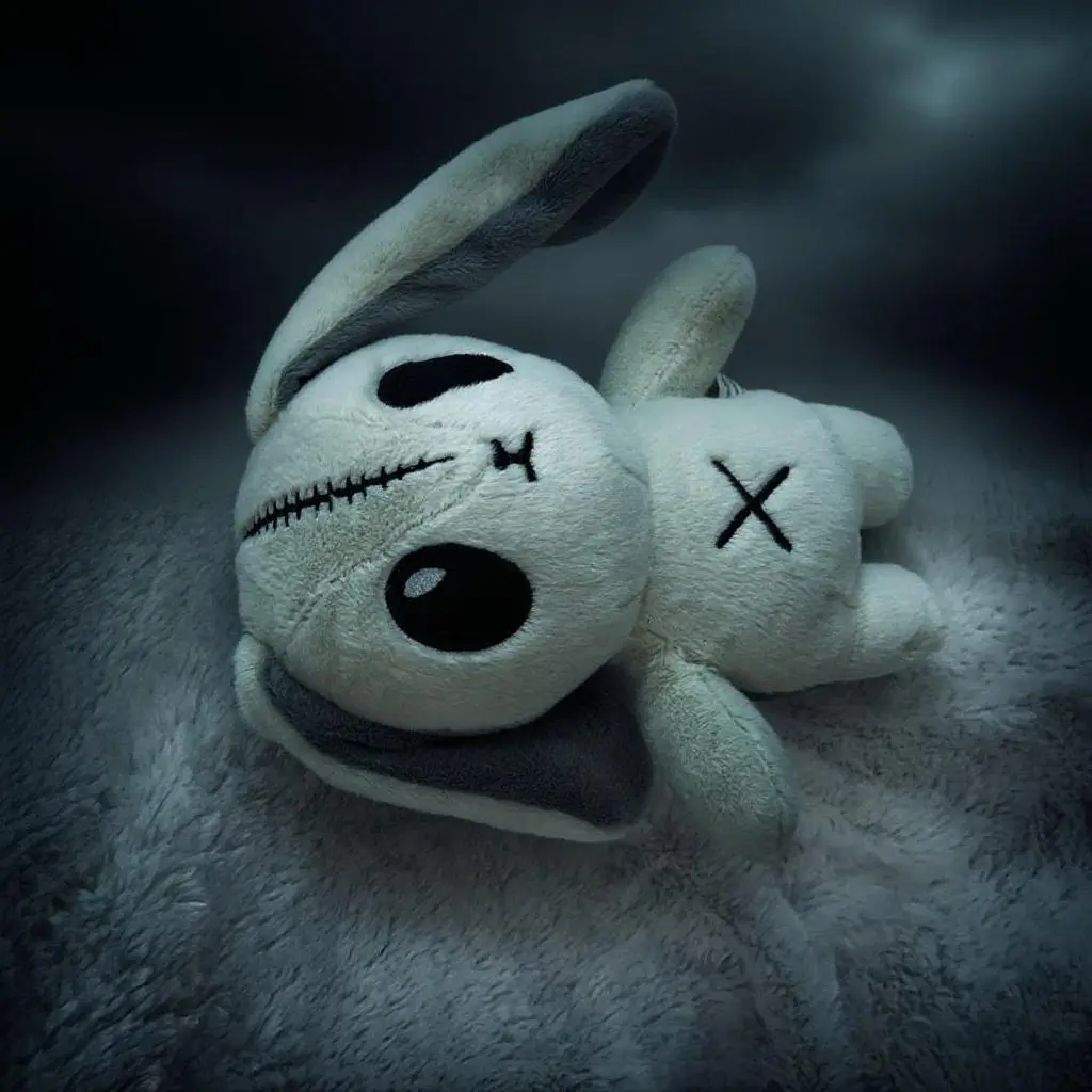 Gothic Spooky Bunny Rabbit Figurine - Plush Stuffed Animal with Expressive Eyes, Fluffy Ears, Grey/White/Black Soft Decor for Halloween, Easter, Collectible for Kids, Gothic Home Decor