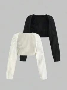 Women's Solid Crop Cardigan, Casual Long Sleeve Open Front Knitwear for Spring & Fall, Fashion Women's Knit Clothing for Daily Wear, Tops