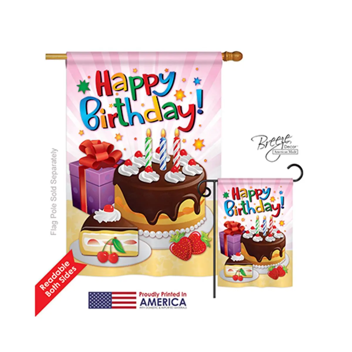 Breeze Decor 15073 Polyester Happy Birthday 2-Sided Vertical Impression House Flag - 28x40 in, Pro Guard Outdoor Decor Celebration Banner for Home Festive Party Supplies