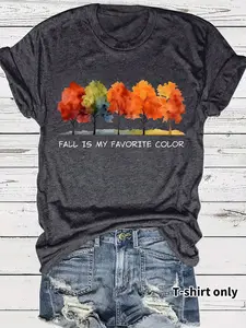 Women's Summer Casual Fashion Tee, Colorful Maple Leaf Print Round Neck Short Sleeve Top, Comfortable Breathable S-Xxl