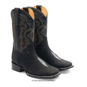 STINGRAY SINGLE STONE PRINT MEN'S WIDE SQUARE TOE BLACK LEATHER BOOT -H52R9505