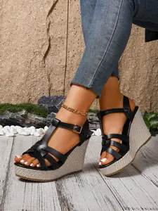 Women's Retro Weave Platform Wedge Sandals, Stylish Fashion Thick Sole High Heels with Back Strap Buckle, Commuter Versatile Toe-Exposed Roman Style Shoes, Strappy Platform Wedges