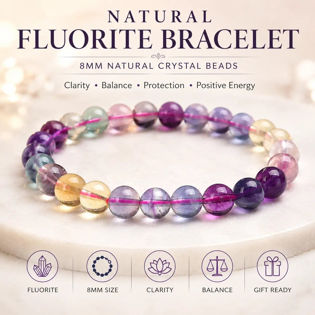 Natural Fluorite Bracelet, 8mm Multicolor Round Beads, Unisex Colored Stone Healing Crystal Jewelry for Focus & Positive Energy, Clarity, Balance, Crystal Stones, Female, Spiritual Wear, Supports Balance, Natural Crystal Bracelets, Spirituality