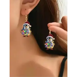 Cute LED penguin Christmas hat, charming acrylic pendant earrings for women, colorful light cute penguin cartoon pattern earrings, festival gifts, birthdays, Valentine's Day, Christmas, Year's Eve, Halloween, suitable for all occasions.